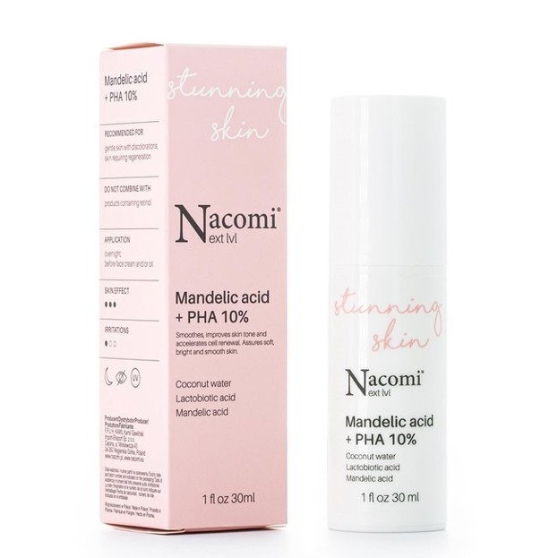 Nacomi Next Level Stunning Skin Mandelic Acid + PHA 10% Peelingujące serum do twarzy z kwasem migdałowym i PHA 10% 30ml  